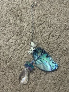 Abalone Shell & Crystal Drop Pendant Iridescent Blue-Green Sun Catcher
